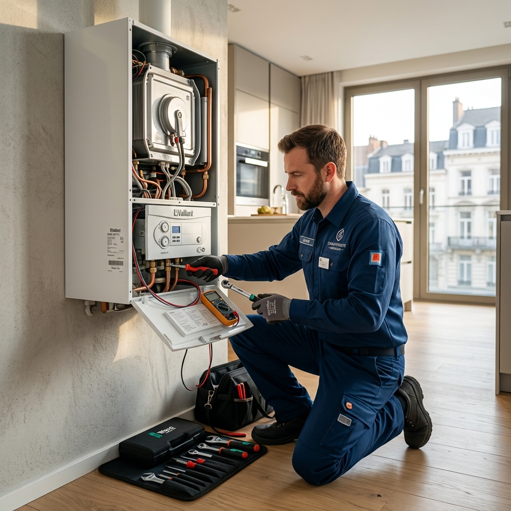 Chauffagiste UMI TECH certifié réparant une chaudière gaz près de la Place Flagey à Ixelles
